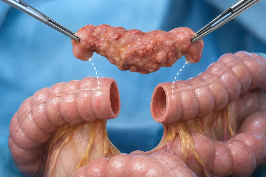 Colectomy bowel resection showing tumor removal and reconnection of colon ends