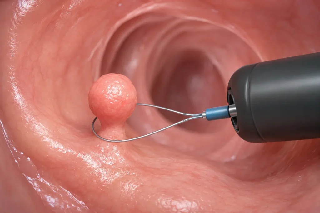 Colonoscopic polypectomy showing a snare removing a colon polyp – colon cancer surgery procedure
